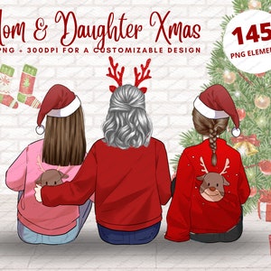 Christmas Mom and Daughter Clipart, Family, Mother Daughter Clipart,Best Mom Clipart,Seasonal Clipart,Cozy Winter,Christmas PNG Bundle-CA136