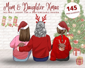 Christmas Mom and Daughter Clipart, Family, Mother Daughter Clipart,Best Mom Clipart,Seasonal Clipart,Cozy Winter,Christmas PNG Bundle-CA136