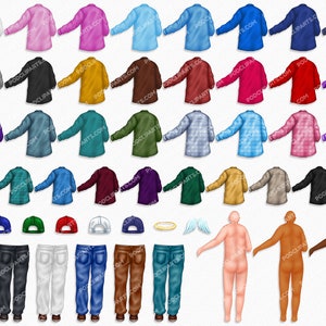 May include: A collection of 30 different shirt designs, including solid colours, plaid patterns, and graphic prints. There are also 7 different hat designs, 7 different pairs of jeans, and 3 different body silhouettes.