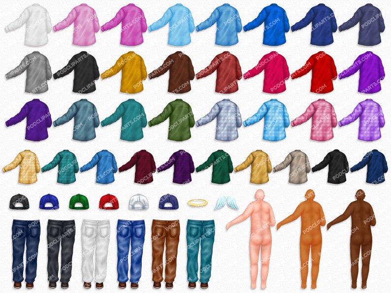 May include: A collection of 30 different shirt designs, including solid colours, plaid patterns, and graphic prints. There are also 7 different hat designs, 7 different pairs of jeans, and 3 different body silhouettes.