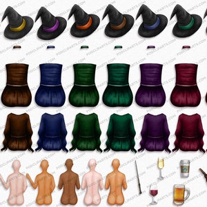 May include: A set of digital illustrations featuring witch hats, robes, and bodies in various colors. The hats are black with different colored bands. The robes are black, brown, blue, green, purple, and red. The bodies are nude with different skin tones.