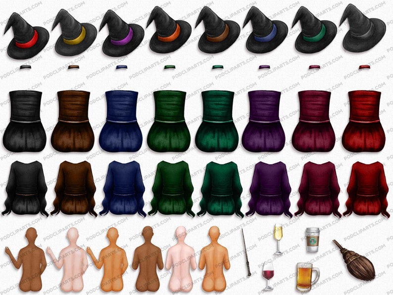May include: A set of digital illustrations featuring witch hats, robes, and bodies in various colors. The hats are black with different colored bands. The robes are black, brown, blue, green, purple, and red. The bodies are nude with different skin tones.