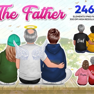 Father and Daughter sitting clipart PNG , Watercolor step father, single dad, daughter sit portrait, Father&#39;s day clipart customizable CA286
