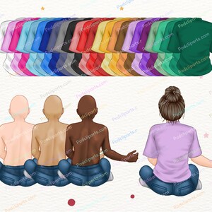 May include: Four people sitting in a cross-legged position wearing blue jeans and t-shirts. The people are of different skin tones. The background is a light pink with white stars and red dots.