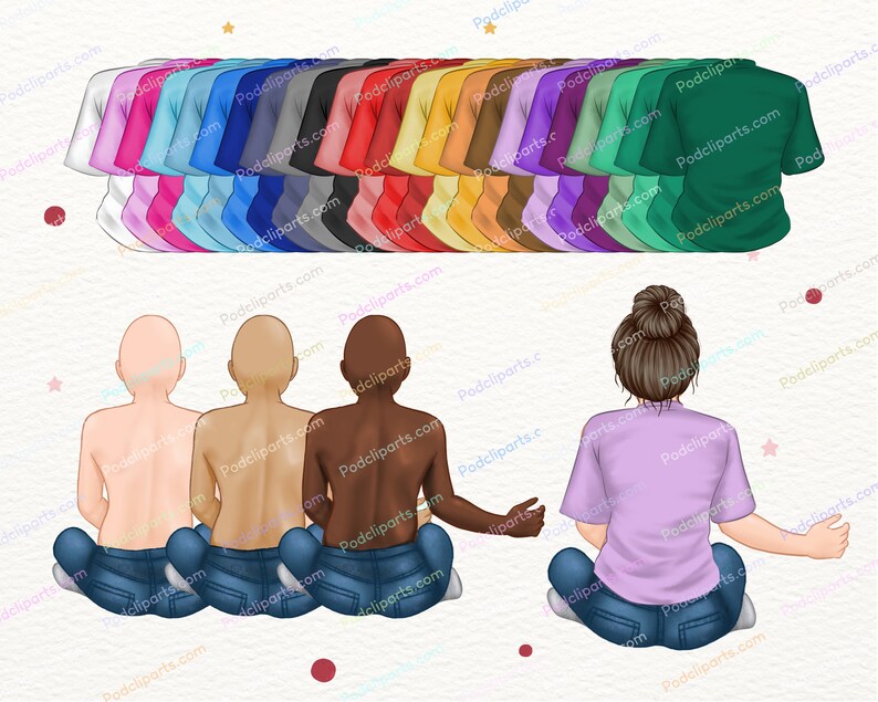 May include: Four people sitting in a cross-legged position wearing blue jeans and t-shirts. The people are of different skin tones. The background is a light pink with white stars and red dots.