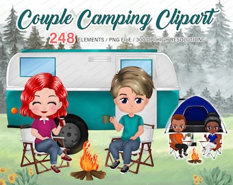 Cute Chibi Couple Camping clipart PNG, Best friend cartoon clipart, Outdoor Travel clipart, Customizable clipart for Valentine Day - CA252