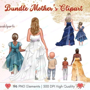 Bundle Mother&#39;s Day Mom with Kids PNG , Family Clipart, Gift for Mom Clipart, Watercolor Family Fashion Clipart PNG Commercial Use - CA493