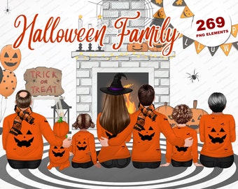 Halloween family with grandparent clipart set, Cute mom dad boy girl and baby children kids png for customizable family clipart - CA153