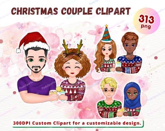 Couple Christmas clipart PNG, Best friend clipart, Male and Female, man and woman Custom clipart, cocktail drinker winter family - CA387