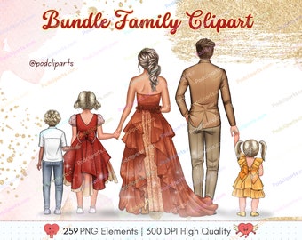 Bundle Family Clipart PNG, Fashion Illustration Mother's Day Family Clipart, Gift for Mom, Mom Dad with Kids Clipart Commercial Use - CA492