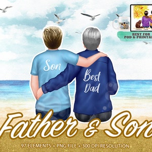 Father and Son sitting clipart, Watercolor step Father, single dad, step son sit portrait PNG, Father&#39;s day clipart customizable - CA87