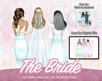 Bride Clipart, Wedding Clipart, Bridesmaid Clipart, Marriage Clipart, Bridal Clipart, Watercolor Wedding Clipart, Bride Tribe Clipart - CA51