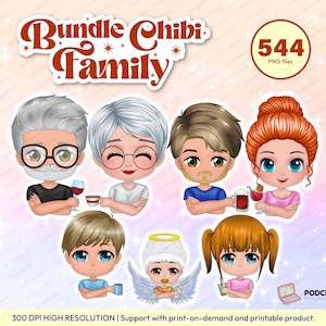 Bundle Chibi We are Family clipart, Father&#39;s day clipart custom cocktail best mom, dad, son and daughter portrait PNG, Mother&#39;s day - CA323