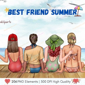 Clipart de melhores amigos de praia PNG, ilustração de moda de verão DIY, uso comercial gratuito, clipart de família, vários besties personalizáveis - CA510