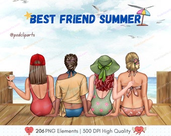 Beach Best Friends Clipart PNG, Summer Fashion Illustration DIY, Free Commercial Use, Family Clipart, Multiple Customizable Besties - CA510