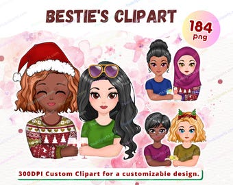 Best friends Christmas clipart PNG, Sibling Besties clipart, fashion girls clipart,soul sisters clipart, customizable clipart PNG - CA391