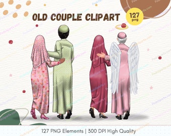 Moslim islamitische familie moeder, vader, oude man en oude vrouw Png - grootouder Clipart set aanpasbare gezichtsloze illustraties - CA455