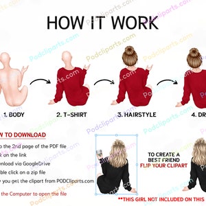 May include: How to create a best friend clipart.  Instructions show how to combine different body parts, t-shirts, hairstyles, and drinks to create a custom clipart image.  The text says "To create a best friend, flip your clipart".