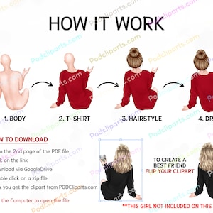 Pu&ograve; includere: Istruzioni per creare un clipart di migliore amico. L'immagine mostra come combinare diverse parti del corpo, magliette, acconciature e bevande per creare un'immagine clipart personalizzata. Il testo dice "Per creare un migliore amico, capovolgi il tuo clipart".