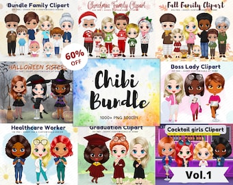 1500+ Bundle Chibi family clipart pack vol.1, character anime clipart girl clip art, friends boy and girl cartoon mug Christmas png - CA172