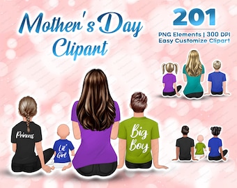 Mother's Day and girl, boy, baby Clipart, Mom Clipart, Sitting Family, young Mother,Custom Family Portrait,Daughter Clipart,Best - CA162
