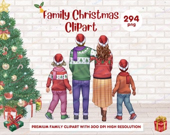 Merry Christmas Family Clipart, Winter Family, Parents and Kids Clipart, Big Family, Santa Clipart,Season Clipart,Christmas PNG Bundle-CA412