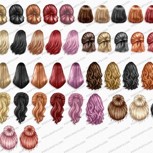May include: A set of 40 digital illustrations of different hairstyles for women. The hairstyles are drawn in a cartoon style and feature a variety of colors, lengths, and styles.