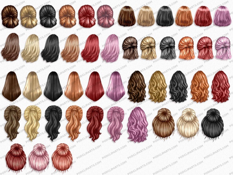 May include: A set of 40 digital illustrations of different hairstyles for women. The hairstyles are drawn in a cartoon style and feature a variety of colors, lengths, and styles.
