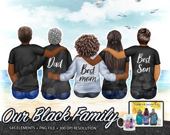 Black Family Bundle Clipart, Best Family Clipart, Family Reunion, Sitting Back View, Fathers Mothers day,Son and Daughter,Children PNG-CA109