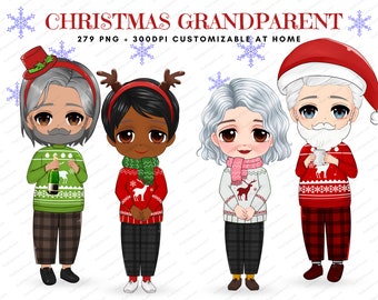 Christmas Elderly Couple Clipart, Cute Chibi clipart, Grandma Clipart,Christmas Clipart,Grandparent Clipart,Christmas Scene PNG-CA121