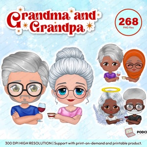 Cute Chibi Grandma, Grandpa clipart PNG, Chibi Old Couple clipart PNG, Grandparents clipart, Elderly couple, personalized png - CA327
