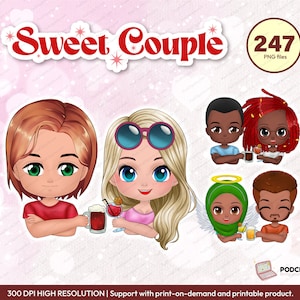 Cute Chibi Women Men couple Clipart PNG, Best friend clipart, Male and Female, cocktail drink custom clipart, personalized clipart - CA328