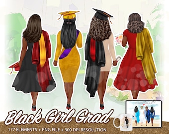 Graduation Girls Clipart, Black Woman Graduation Clipart, Last day of school, College Clipart, Black Graduating Girls, Graduate PNG - CA111