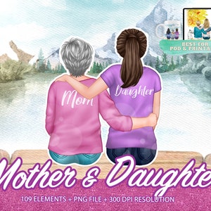 Mother and Daughter sitting clipart , Watercolor step Mother, single mom, step Daughter sit portrait PNG, mother&#39;s day clipart -CA88