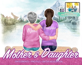 Madre e hija sentadas clipart, acuarela madrastra, madre soltera, hijastra sentada retrato PNG, imágenes prediseñadas del día de la madre -CA88