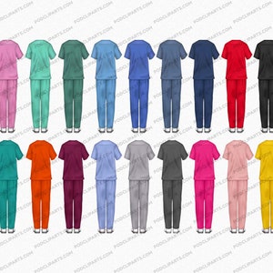 Pu&ograve; includere: Set di 20 scrub illustrati in vari colori, tra cui bianco, rosa, verde acqua, blu, rosso, nero, grigio, viola, arancione, bordeaux, azzurro, giallo e verde. Gli scrub hanno tutti lo stesso stile, con una maglietta a maniche corte e pantaloni.