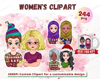 Mother and Daughter Christmas clipart , Watercolor step Mother, single mom, step Daughter sit portrait PNG, mother's day clipart - CA388