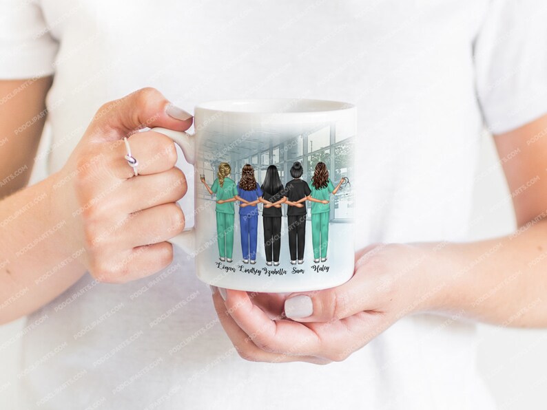 May include: White ceramic mug featuring a colourful illustration of five nurses standing together in a hospital setting. The mug has the text "Love, Lindsey, Gabrielle, Sam, Haley" printed on the bottom.