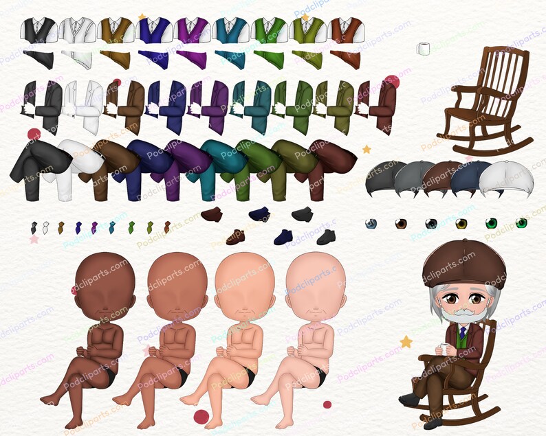 May include: A digital illustration of a man sitting in a rocking chair. He is wearing a brown hat, a brown jacket, a white shirt, a blue tie, and brown pants. He is holding a cup of coffee in his right hand. The rocking chair is made of wood and has a brown finish. The background is white.