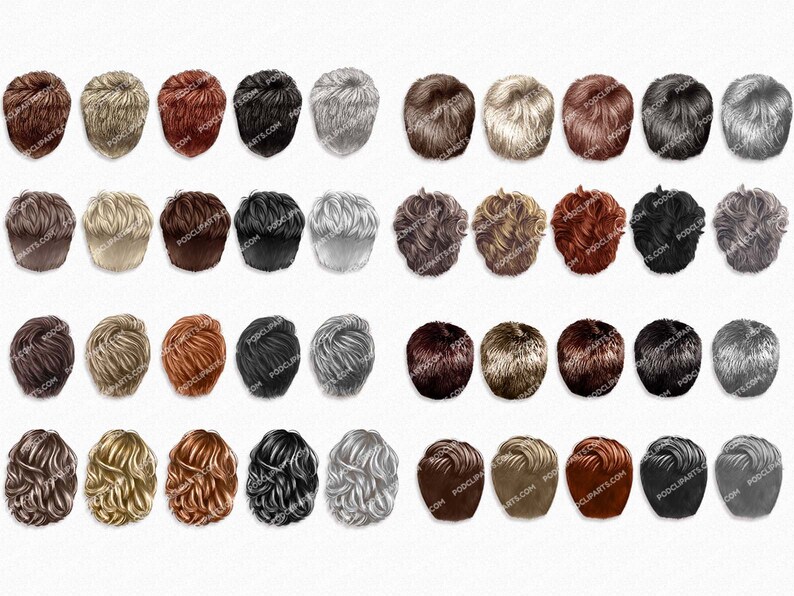 May include: A set of 40 different back-of-the-head hairstyles, including blonde, brown, black, and grey hair. The hairstyles are all in a variety of lengths and textures.