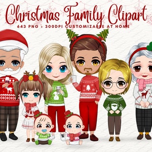 Pacchetto Clipart per la famiglia di Natale, Famiglia invernale, Clipart per genitori e figli, Grande famiglia, Clipart stagionale, Pacchetto PNG di Natale - CA123