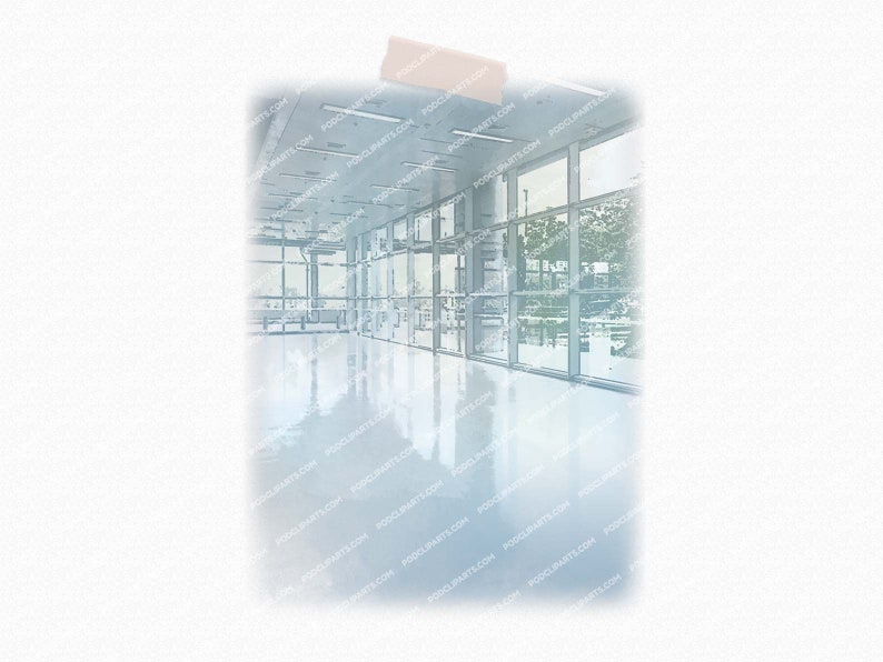 May include: A large, empty room with a white tiled floor and large windows. The windows are reflecting the outside world, creating a blurred image of trees and buildings.