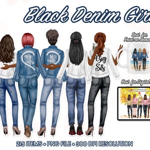 Denim Girl Clipart, African American Women Clipart, Fashion Girls Clipart, Girl Boss, Afro Girl Clipart, Jeans Girl, Denim Jacket PNG -CA112