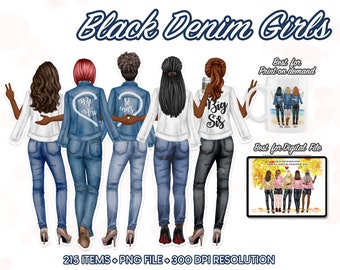 Denim Girl Clipart, African American Women Clipart, Fashion Girls Clipart, Girl Boss, Afro Girl Clipart, Jeans Girl, Denim Jacket PNG -CA112