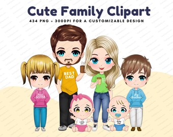 Family Chibi Clipart, Mom Dad Kids, Customizable Family PNG (Digital Download)