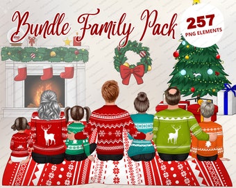 Merry Christmas Family Clipart, Winter Family, Parents and Kids Clipart, Big Family, Santa Clipart,Season Clipart,Christmas PNG Bundle-CA142