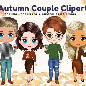 Chibi Paar Clipart, süße Clipart, Herbst Clipart, Clipart Bester Freund, Herbst Vibes png, Paar Illustration, Herbst Clipart PNG-CA114