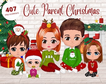 407 Christmas Big Family Clipart, Winter Family, Parents and Kids Clipart, Big Family, Season Clipart, Christmas PNG Bundle - CA202