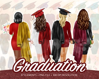 May include: Four women in graduation gowns and caps, with different colored gowns and caps. The women are standing in a row, and the image is set against a background of graduation caps. The text "Graduation" is written in large, bold letters at the bottom of the image.