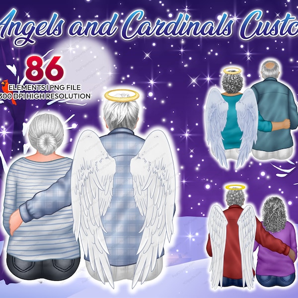 Grandparents Angels and Cardinals Custom Christmas Portrait Clipart PNG, Heaven Angels cardinal, Wings, Custom clipart for Pass away - CA168